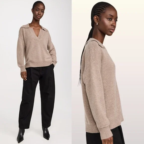 NEW La Ligne Cashmere V Neck Collared Sweater size Medium Camel Wool Pullover - Picture 6 of 9